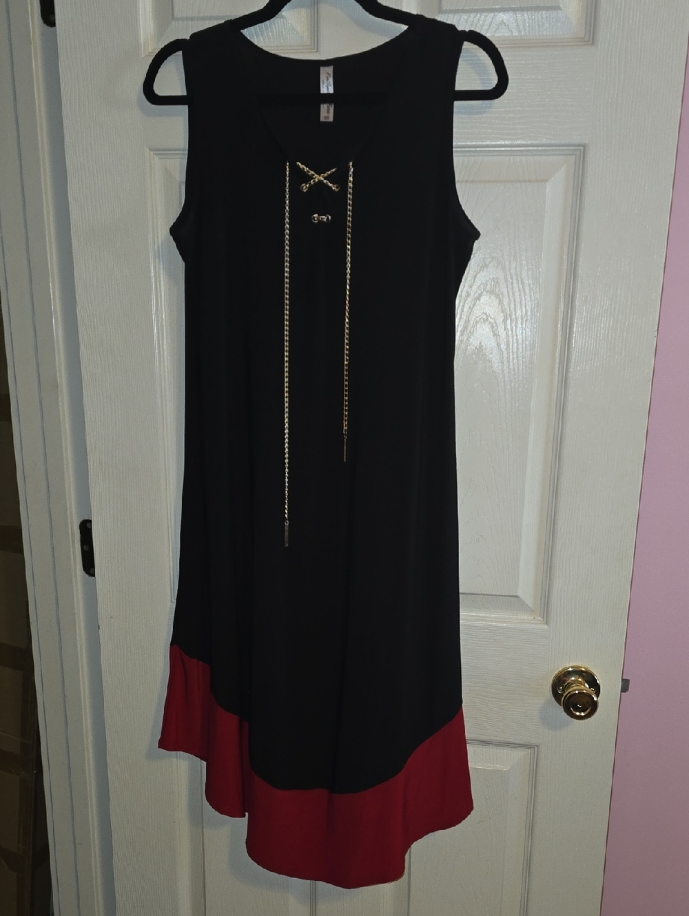 Perseption Black Sleeveless Midi Dress with Red Hem and Gold Chain Detail